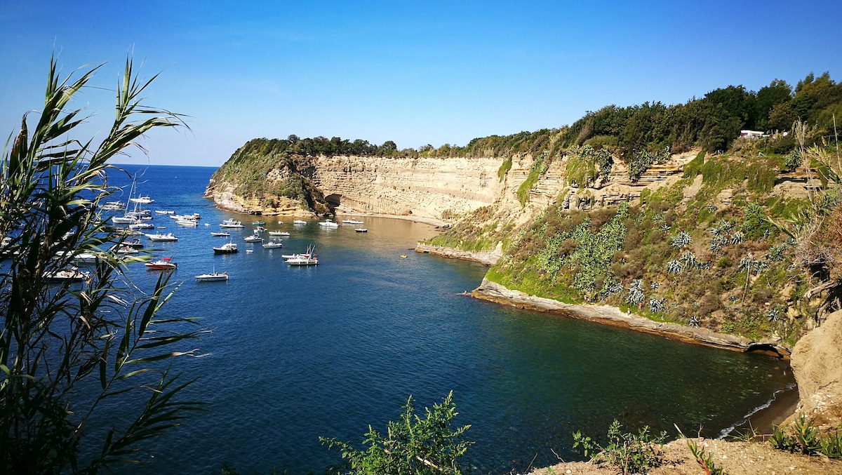 A coastal scene features a serene bay surrounded by gently sloping cliffs. Small boats are moored in the calm waters, while lush greenery lines the shore. The clear blue sky complements the tranquil atmosphere of this picturesque landscape.