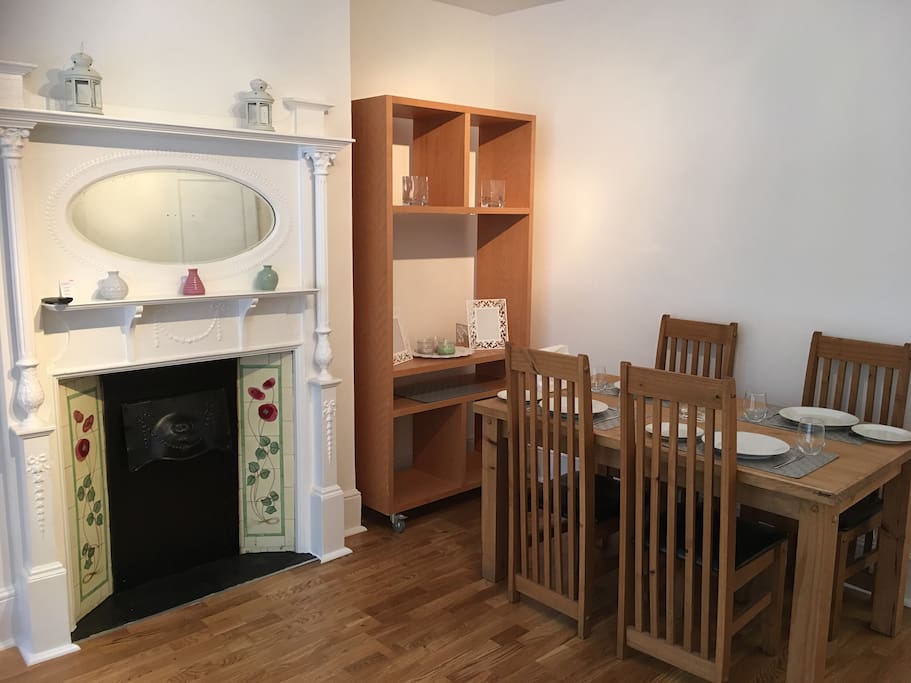 Fireplace and dining area