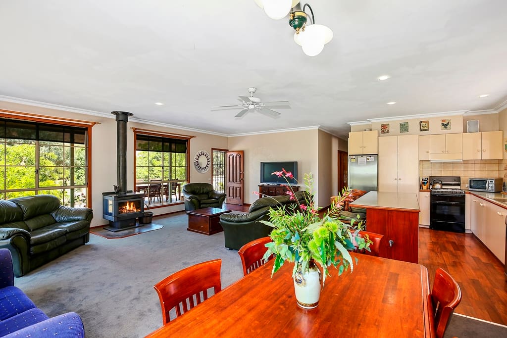 Open plan living with fireplace