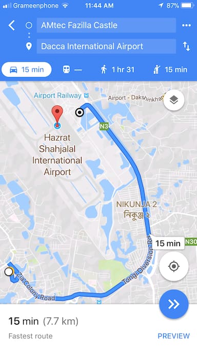 Screenshot Of The Project Location from Hazrat Shahjalal International Airport, Dhaka. Distance 7.7 km in a Oneway Road time Required 15 Minutes.