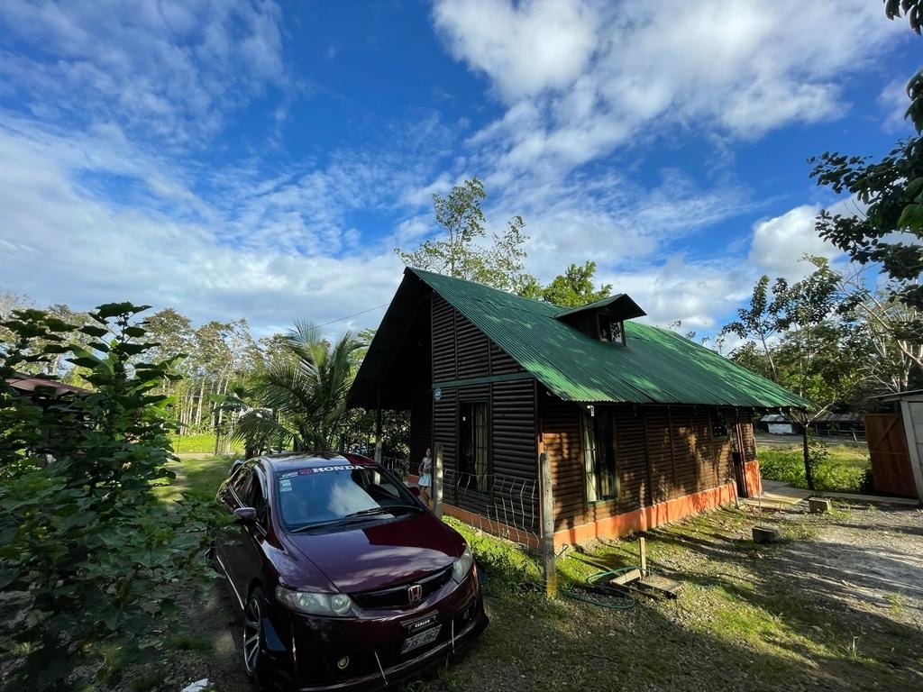 A charming cabin is set among lush greenery, featuring a sloped green roof and wooden exterior. A vehicle is parked nearby, and a cloud-filled sky provides ample natural light. Surrounding trees and plants enhance the serene atmosphere of the location.