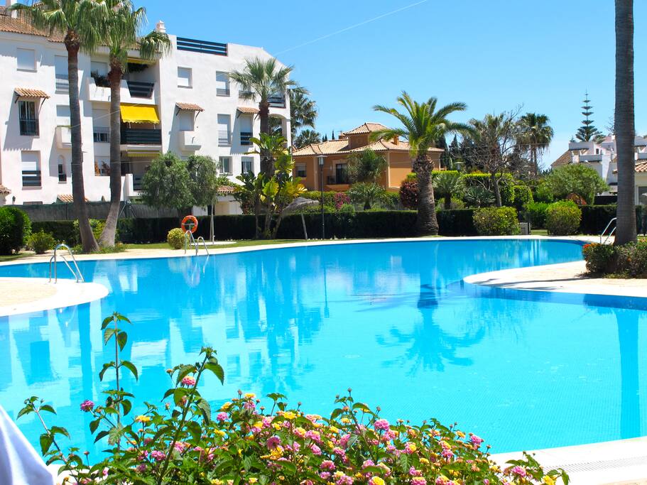 Beautiful lagoon swimming pool in tropical garden