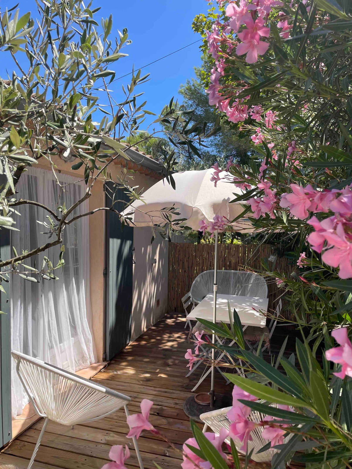 A tranquil outdoor terrace is surrounded by vibrant pink flowers and greenery. A sun umbrella provides shade over a small table and two chairs, inviting relaxation. Light white curtains can be seen through the open door, connecting the indoor and outdoor spaces.