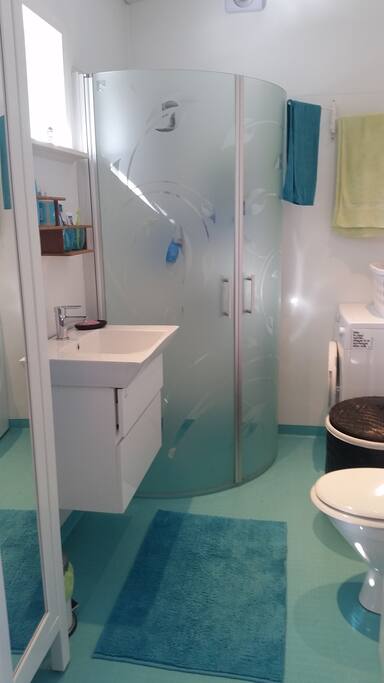 Bathroom with shower and washer.