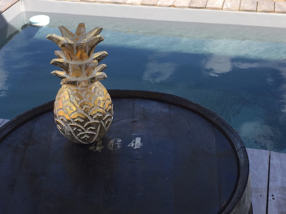 A decorative pineapple sculpture is positioned atop a wooden barrel beside a clear swimming pool. The water reflects the sky, enhancing the serene atmosphere of the space.