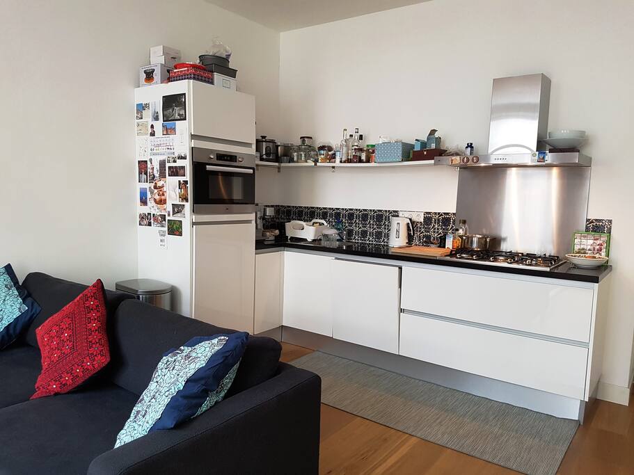 The open-plan kitchen and living room.