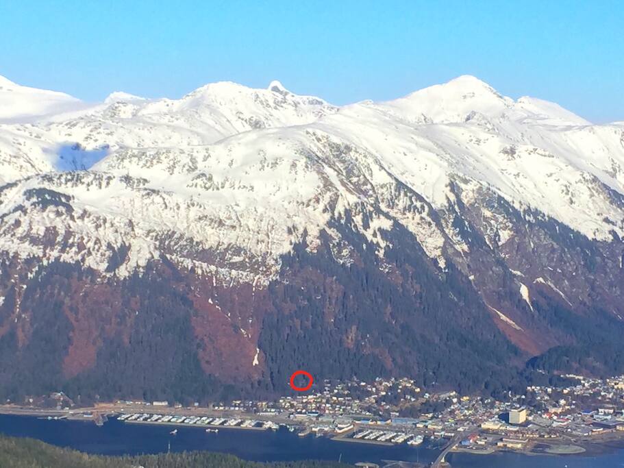 Our quiet retreat is nestled in the trees below mount Juneau in the circle on this photo.