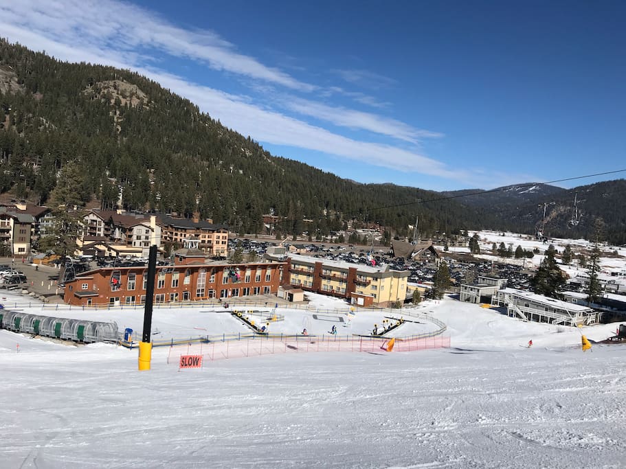 View of the Squaw Kids ski school
Red Wolf Lodge next to it, and Squaw village in the background