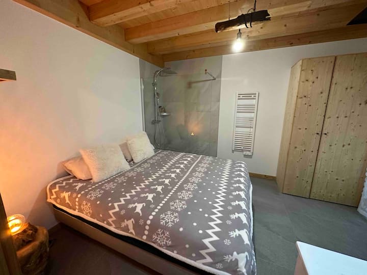 Spálňa 1 na prízemí s rozlohou 12 m2 so sprchovacím kútom, umývadlom a toaletou+ televízorom. K dispozícii sú 2 lôžka s rozmermi 80 x 200 cm, ktoré tvoria manželskú posteľ. 