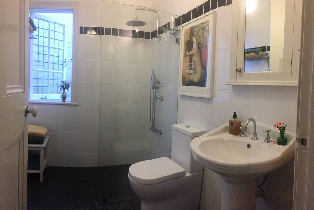 Bathroom with walk-in shower, and a washing machine (not shown).