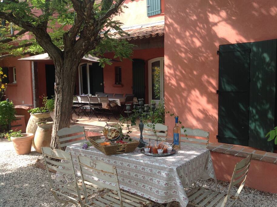 Grande terrasse avec une table pour 12 personnes.
