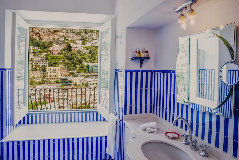 The blue and white tiled bathroom