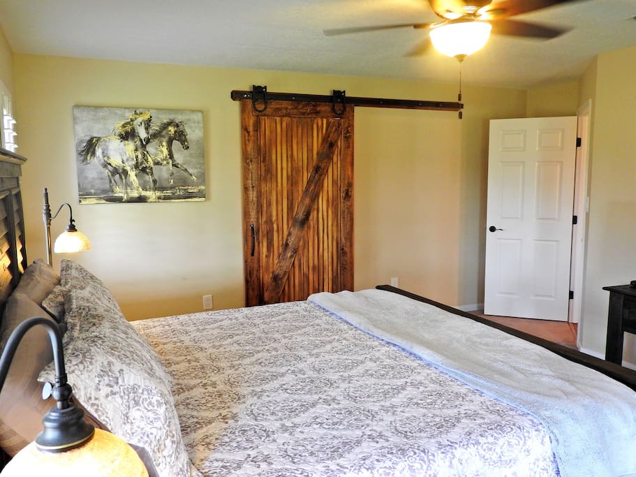 Master bedroom with bathroom behind custom made barn door. 40" Smart Tv with DVD player and slide pocket doors out to enclosed patio.