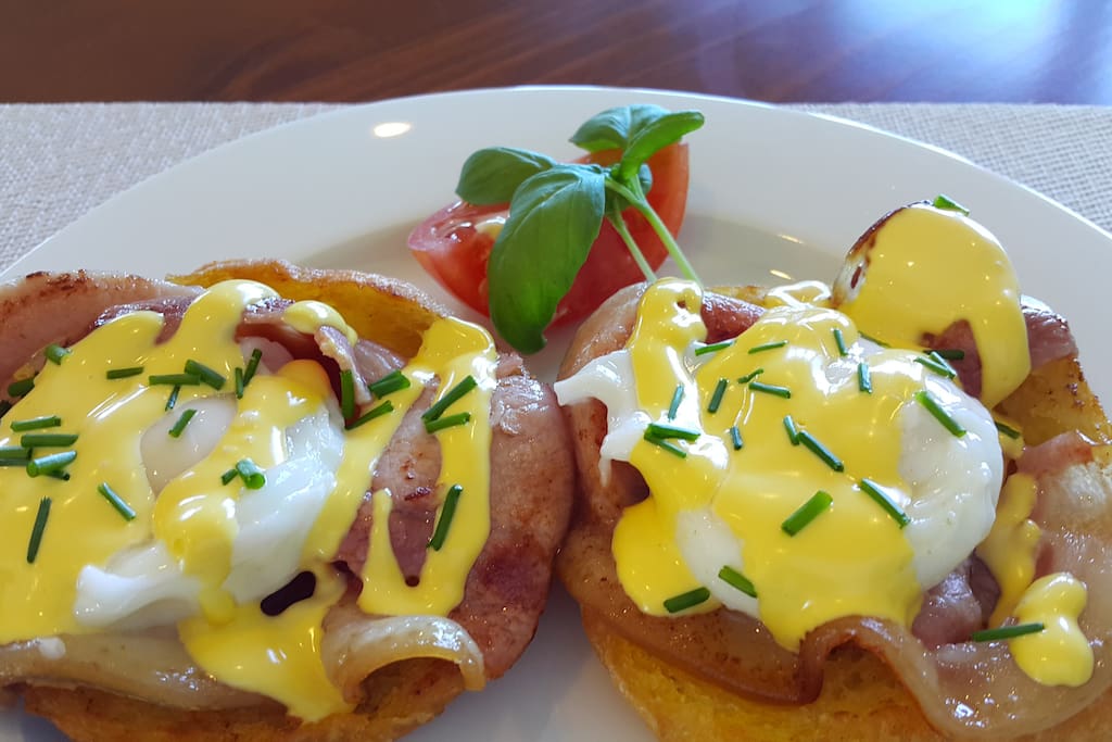 Eggs Benedict with free range eggs from our chickens