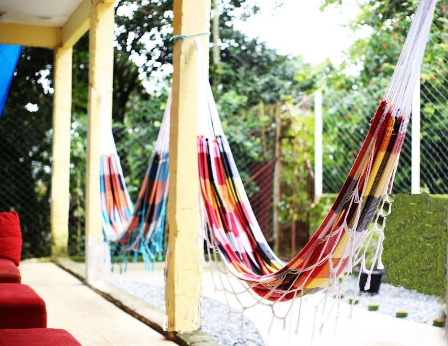 Hostel entrance with hammocks
