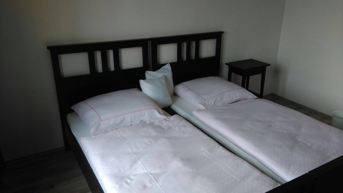 The bedroom features two separate beds, each with neatly arranged bedding and pillows. A small bedside table is positioned between the beds, contributing to the room's functionality. Neutral-colored walls frame the space, creating a calm environment.