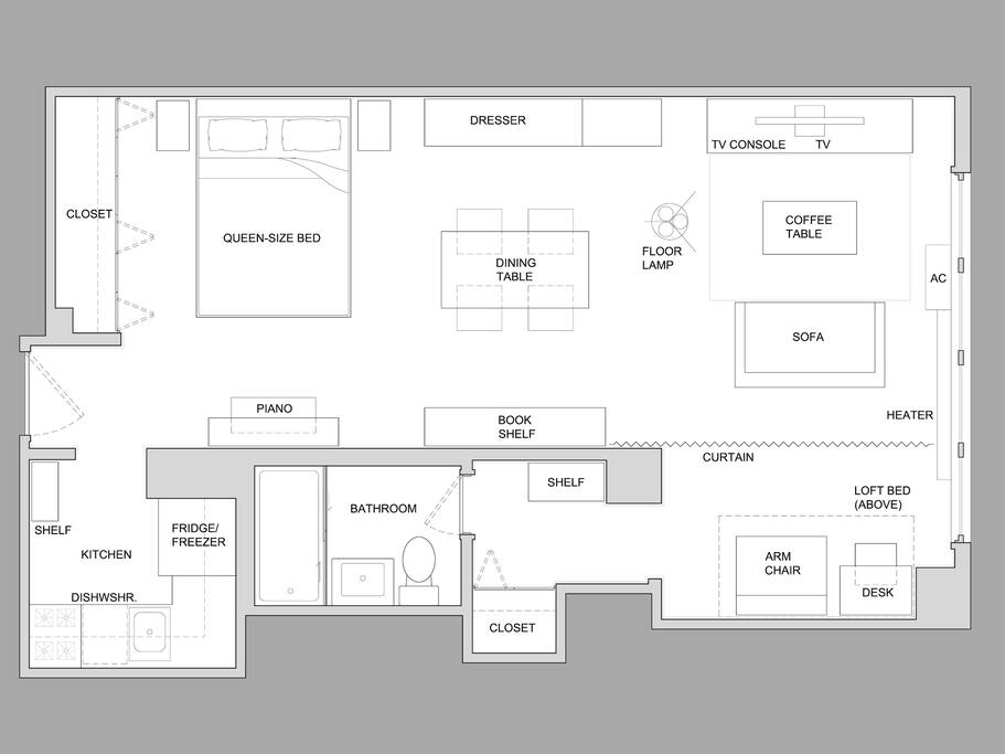 Live like a true New Yorker in style! The spacious main living area accommodates a queen-size bed, a dining table that seats four and a living room area with couch and TV. The alcove which can be visually separated from the main space by a movable curtain features a lofted twin-size bed with a small desk and a sofa chair for reading and relaxing. A small hallway leads to the bathroom which includes a tub/shower with glass sliding doors and a vanity with good storage.