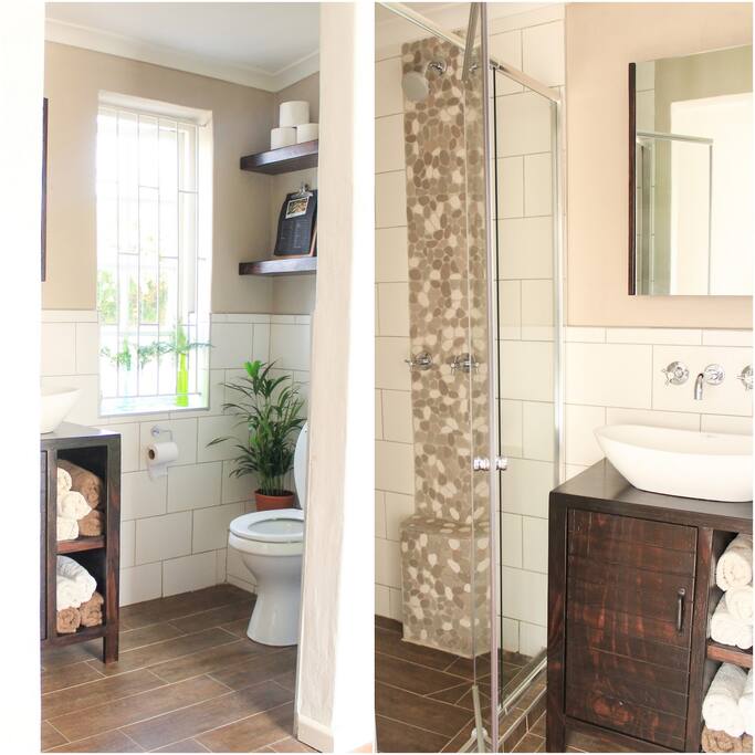 Our newly renovated an suite bathroom with a spacious shower.