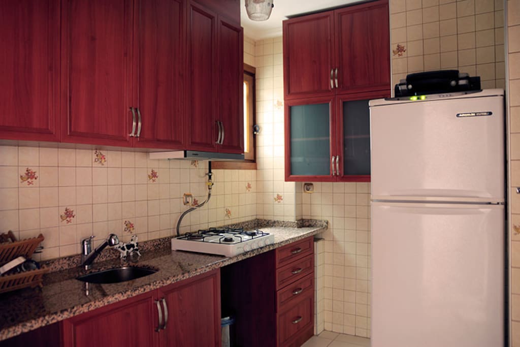 Kitchenette is equiped with fridge, oven, kettle and utensils.