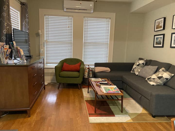 غرفة معيشة منفصلة مع أريكة قابلة للسحب.