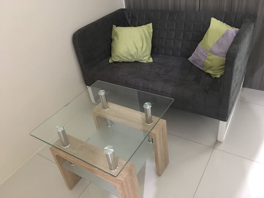 The coffee table and sofa bed