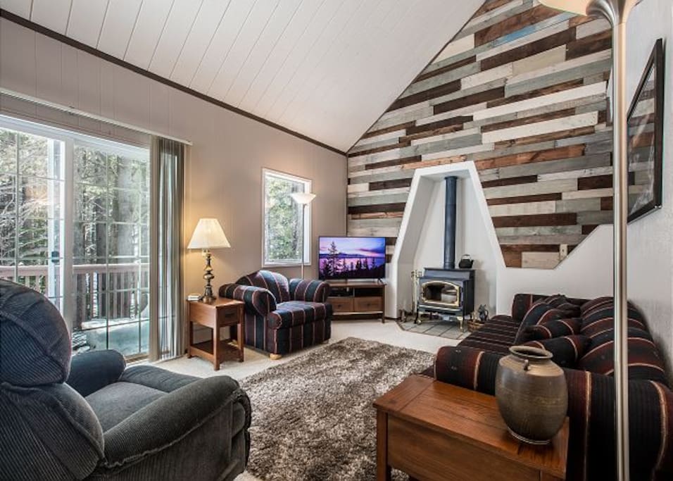 Wood-burning stove and flatscreen smartTV and DVD player make for cozy evenings