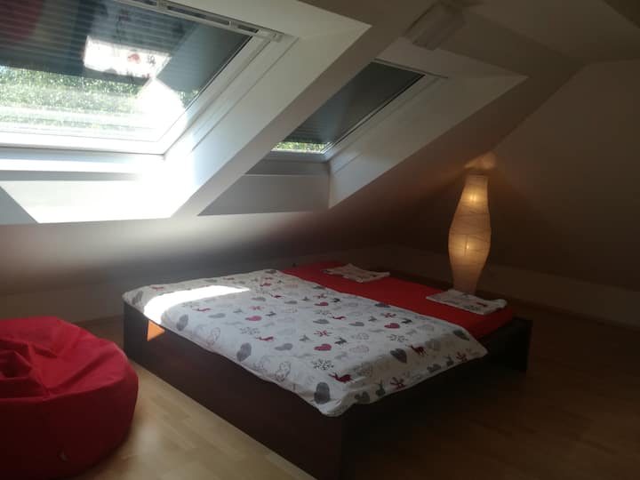 阁楼客房，配备双人床（ 180厘米/200厘米） +桌子，配有2把椅子和一张小沙发