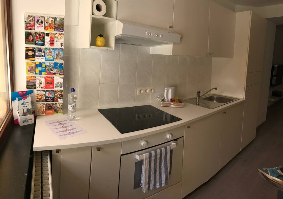 Cuisine équipée four, taque électrique, micro-onde, poêles, casseroles,cafetière et café, bouloir et thé,condiments,sel,poivre,huile,
essuie de cuisine,savon vaisselle,etc...
tickets publicitaires et plan de Bruxelles à votre disposition, servez-vous! Et une bouteille d’eau et bonbons pour chaque voyageur comme cadeau de bienvenue