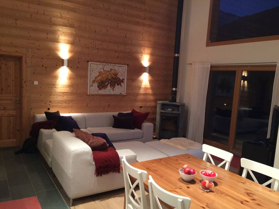 Modern apartment w open space living room (6m ceiling height) integrated with modern fully equipped kitchen and 2 separate bedrooms. Panoramic windows and sliding doors onto large private terrace.