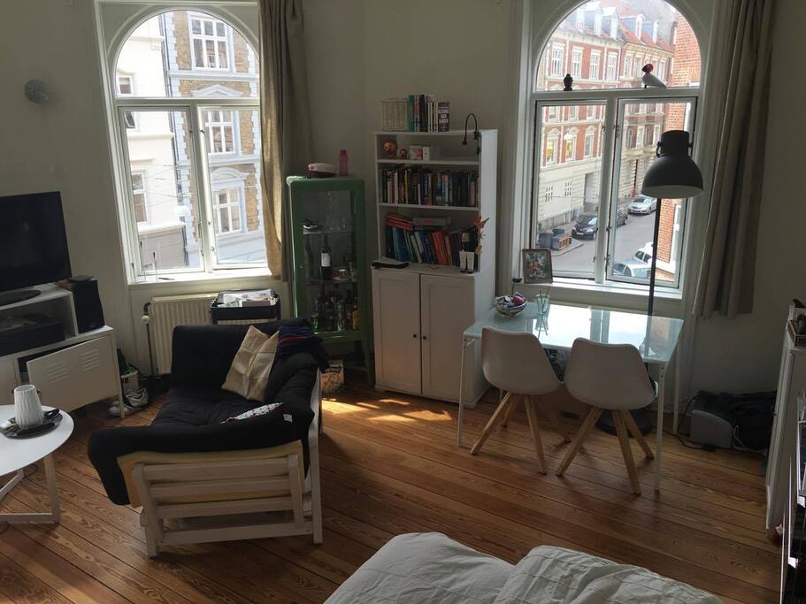Table, couch and street view