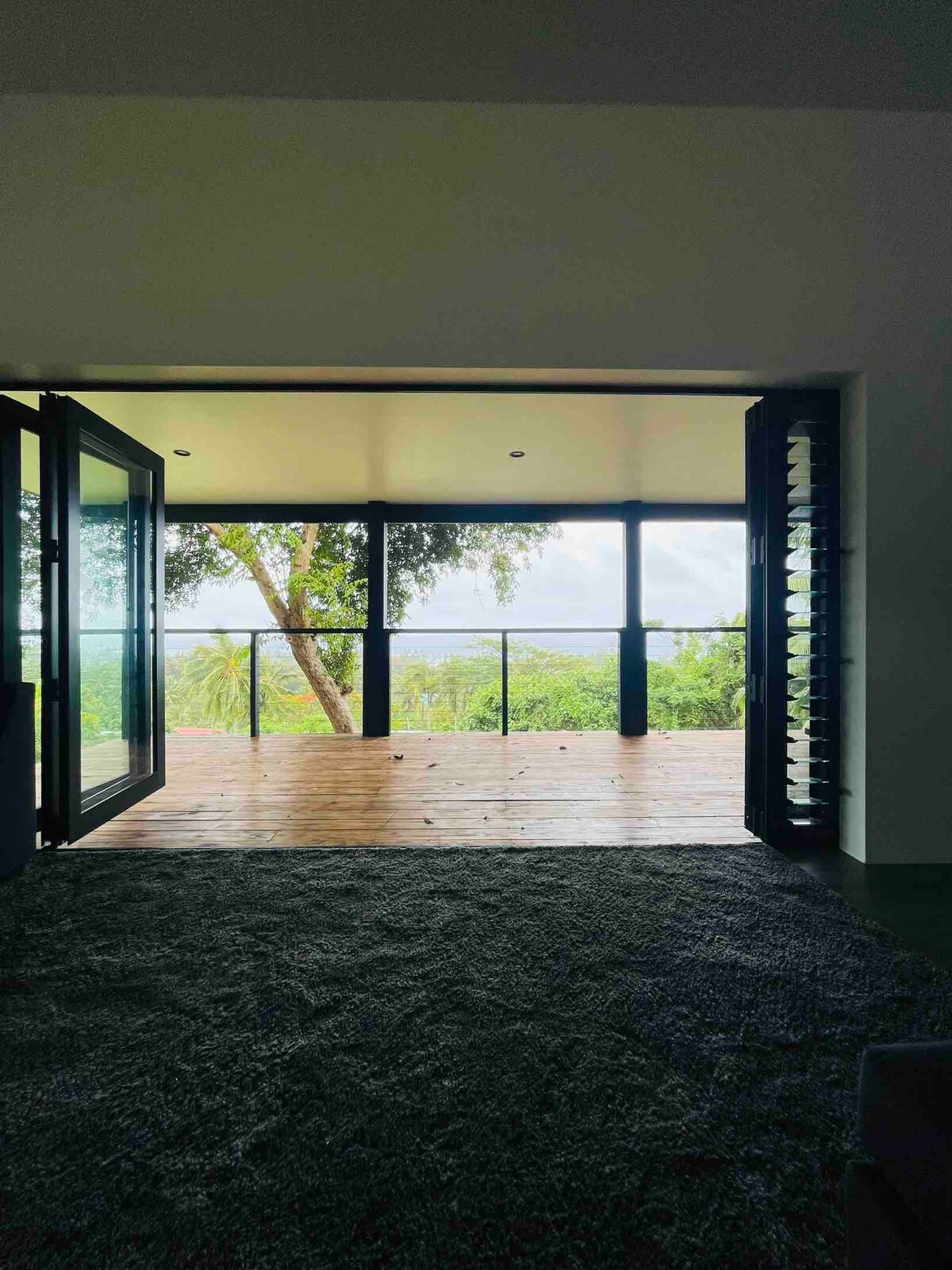 Large glass doors, opened to the outside, reveal a spacious balcony with a scenic view of lush greenery. Sunlight filters in, illuminating the dark carpeting inside. The design creates a seamless transition between indoor and outdoor spaces.