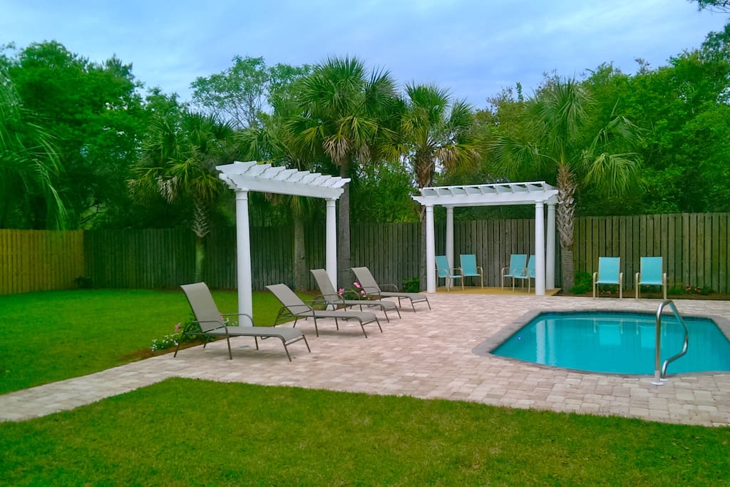 Nice big private yard and heated saline pool.