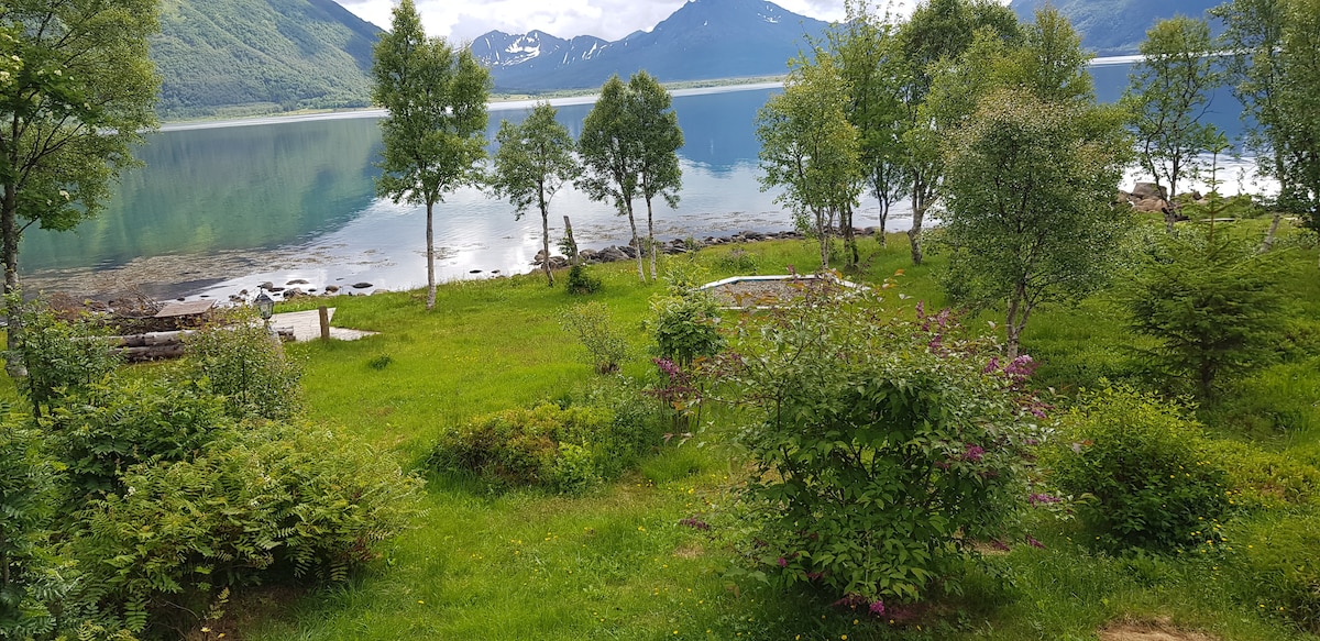 A serene outdoor scene showcases a lush green landscape bordered by calm waters, reflecting mountains in the background. A variety of trees and shrubbery are visible, with flowerbeds adding color. A small seating area is positioned near the water's edge, inviting relaxation in nature.