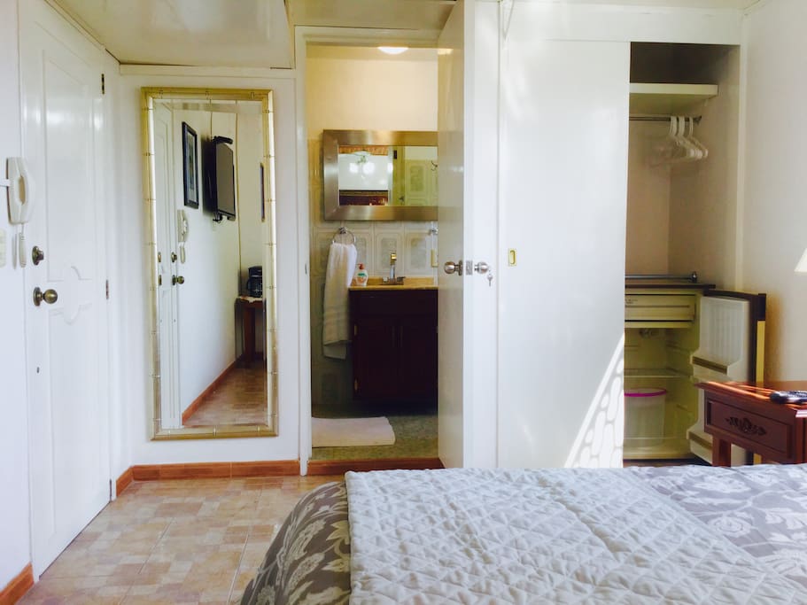 Recamara con cama matrimonial, closet, refrigerador y acceso a baño privado completo.
