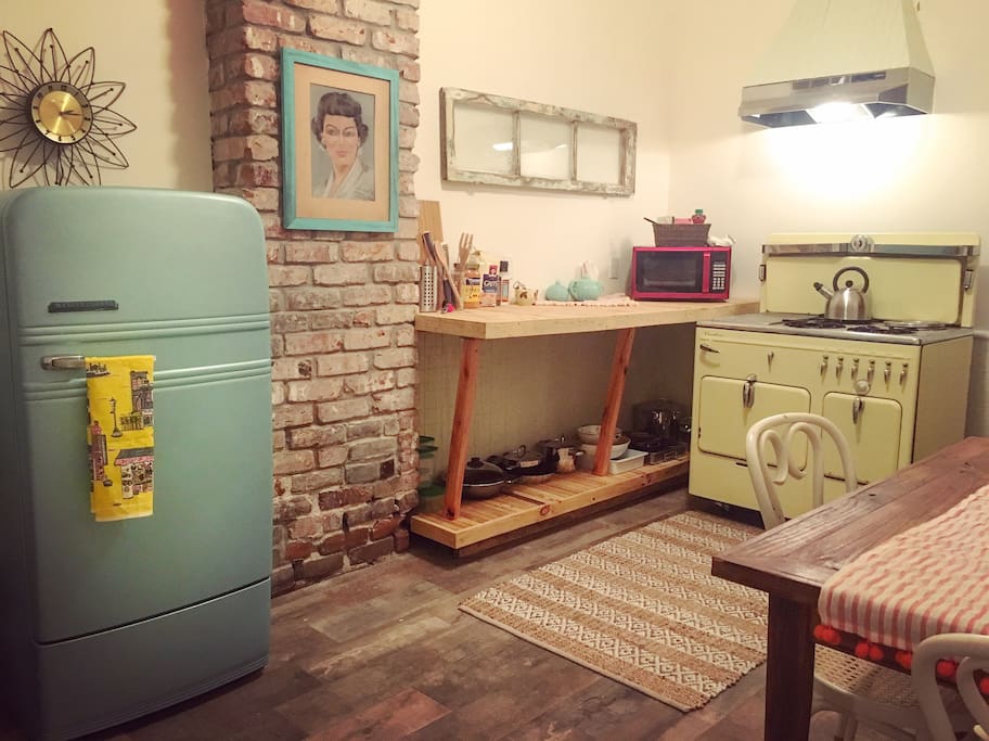 Vintage kitchen with Chambers Stove, farmhouse sink