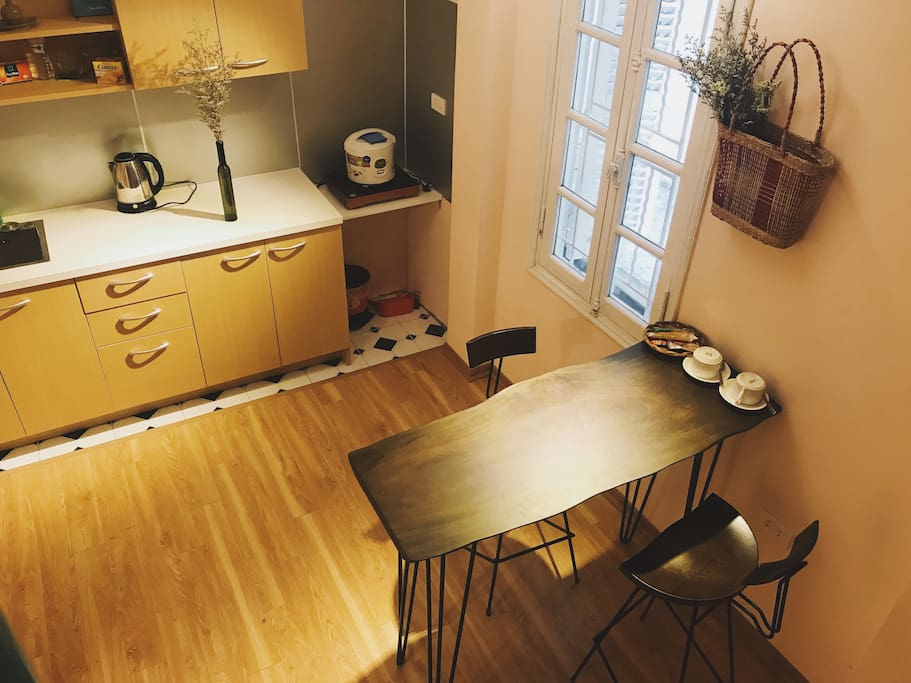 1st: The kitchen with high table and chair. We also prepare tea and coffee for our dear guests.
