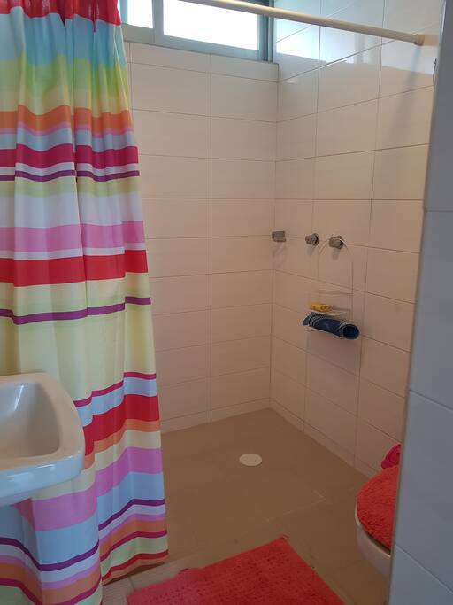 Baño independiente para uso exclusivo de la habitación, con toallas y shampoo.