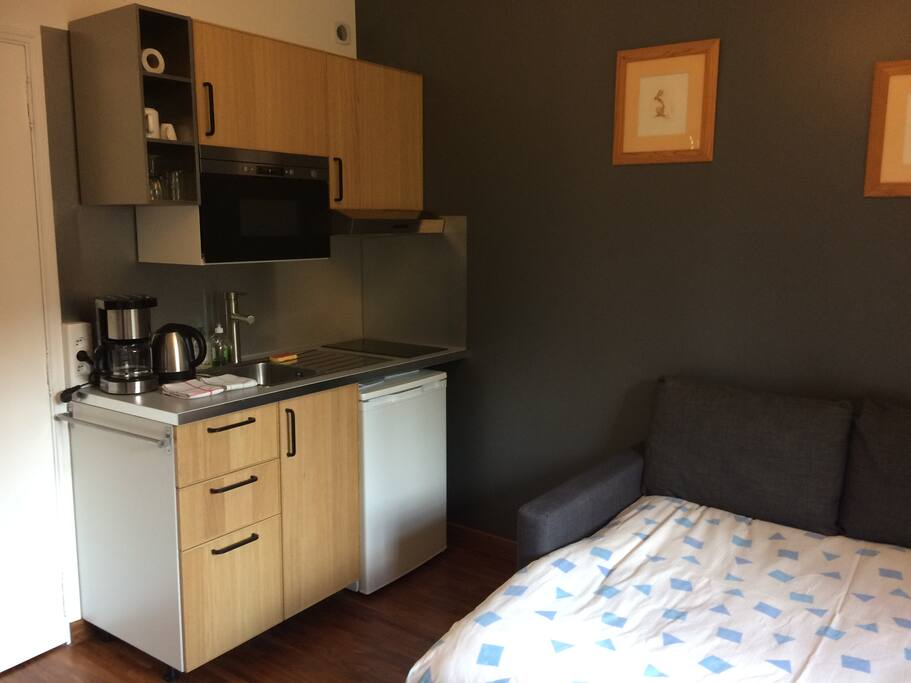 La kitchenette comprenant frigo avec compartiment congélateur, 2 plaques à induction, hotte, micro onde, bouilloire, grille pain, vaisselle, couverts et casseroles fournis.