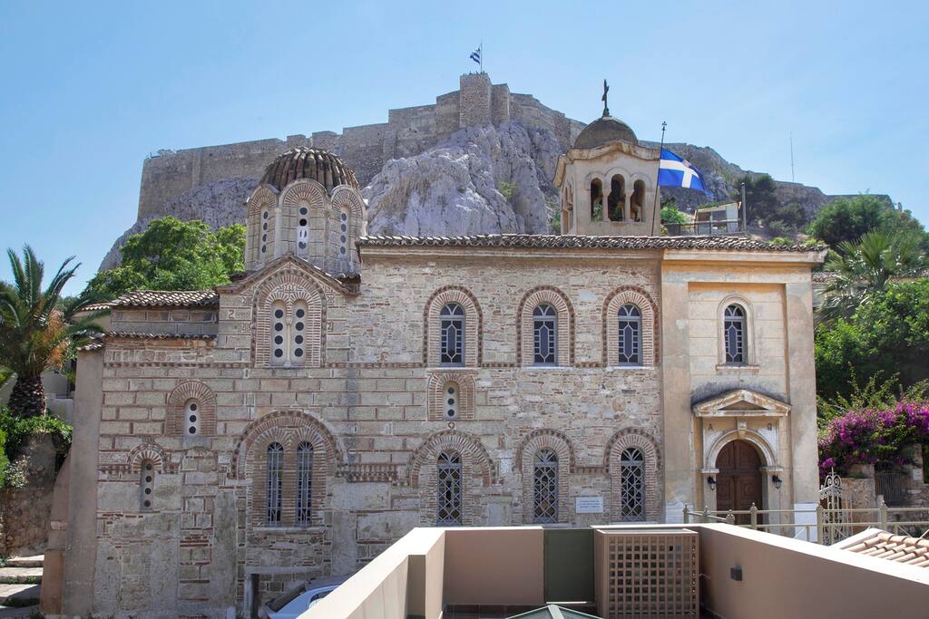 View from the roof terrace. Ragkava byzantine Church and east side of Acropolis Hill