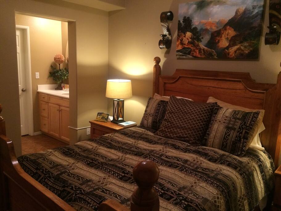 Solid pine queen size bed with brand new mattress and bedding.