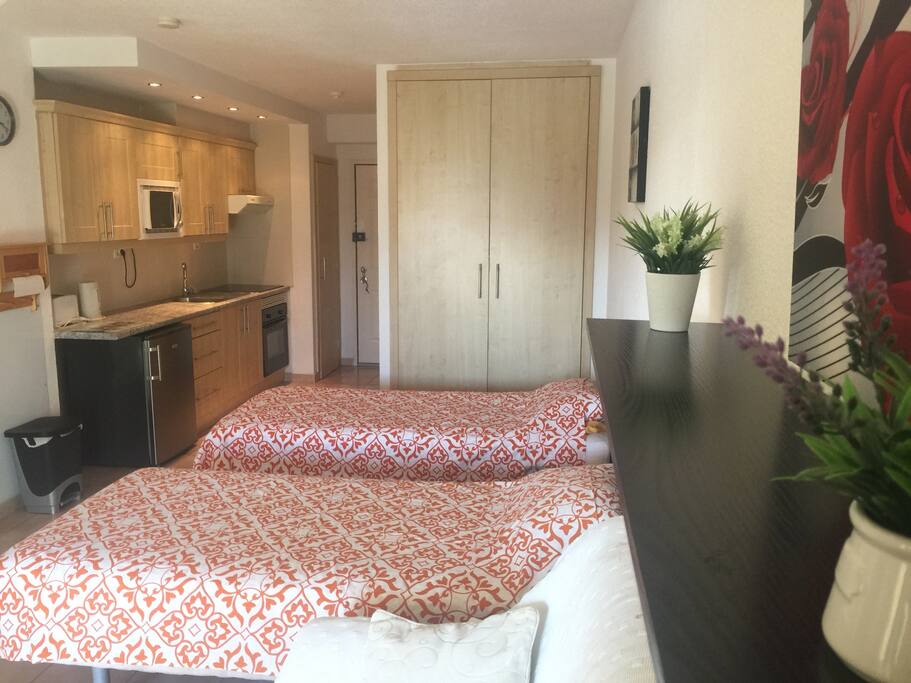 living area and kitchen