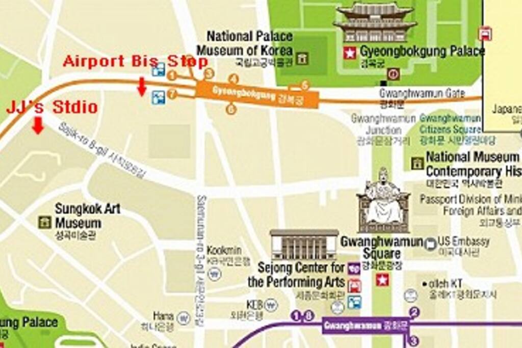 Just 5 min. by walk Gyeongbokgung subway station & airport bus stop.