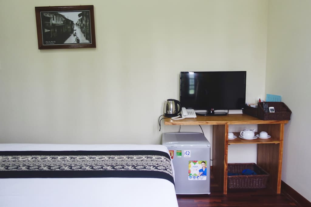 TV, mini fridge, hot water heater