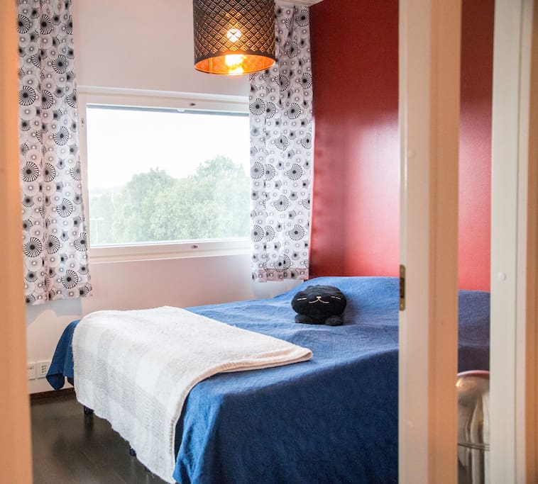 Bedroom with king sized bed (220cm x 200cm), two single blankets and four different kind of pillows. Drawer and alarm clock (Philips Wake-up light).