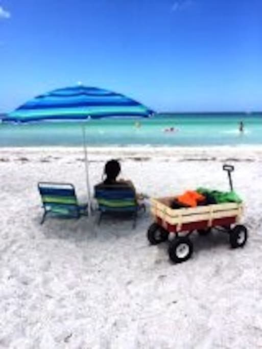 Relaxing on the Beach with our wagon, chairs, umbrella with ice chest!!!