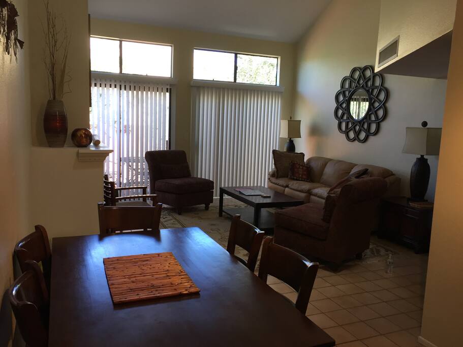 A view of the living room from the dining area