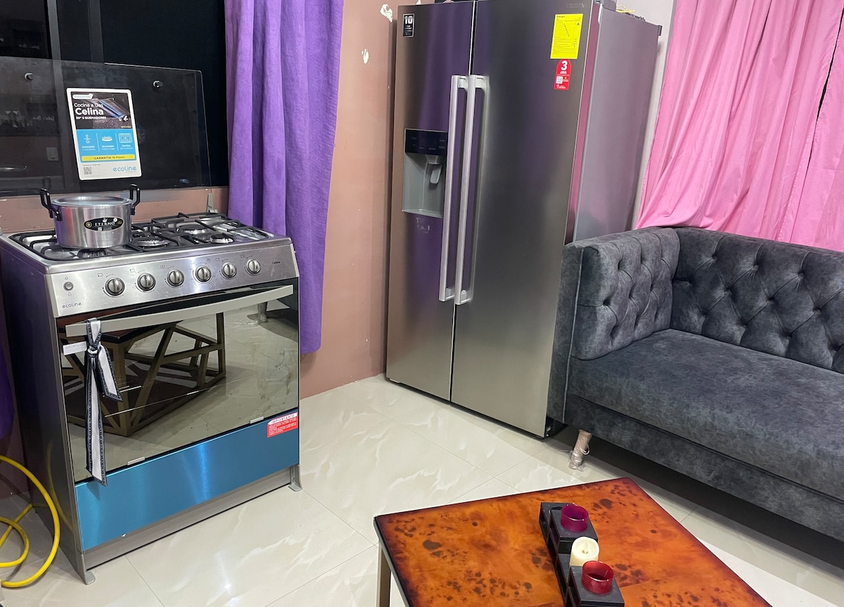A modern kitchen area is featured, showcasing a sleek stainless steel refrigerator next to a gas stove with a pot on top. A dark gray tufted sofa is positioned nearby, complementing the room's warm tones. Light pink curtains add a touch of color to the space.