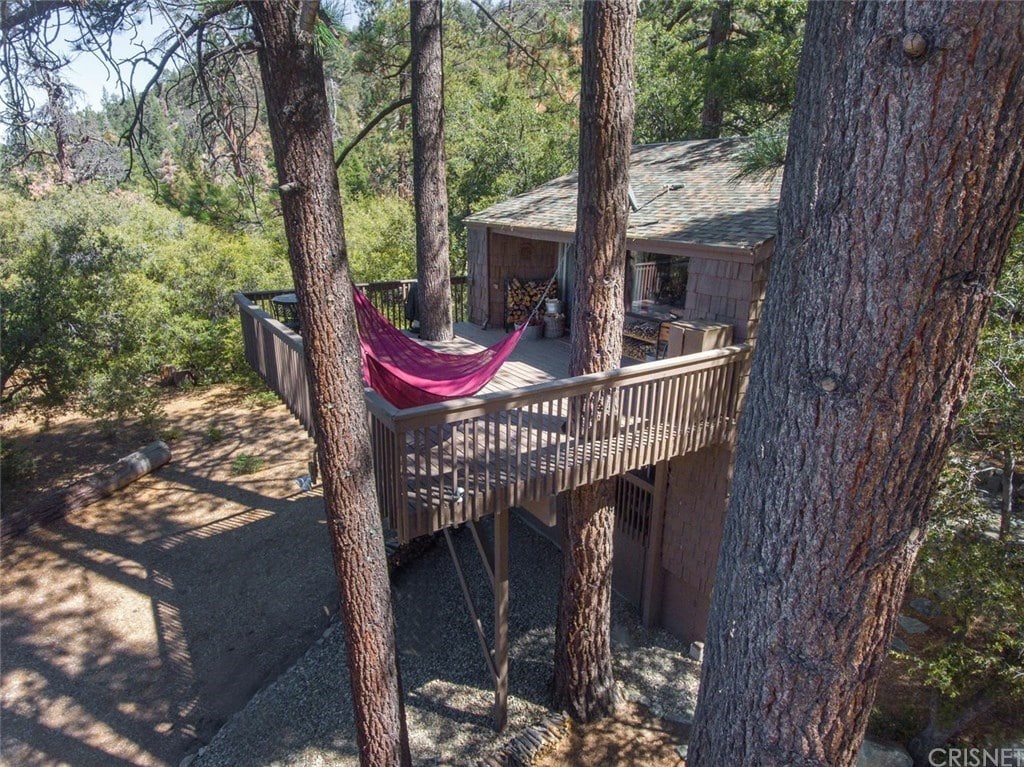 A spacious deck extends from the cabin, elevated above the ground and nestled among towering trees. A hammock is prominently displayed, inviting relaxation. The surrounding landscape features lush greenery, creating a serene and secluded atmosphere, while the cabin's entrance is visible through the trees.