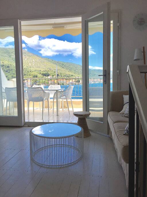 Upstairs living room, looking out over terrace at the stunning Vis harbour
