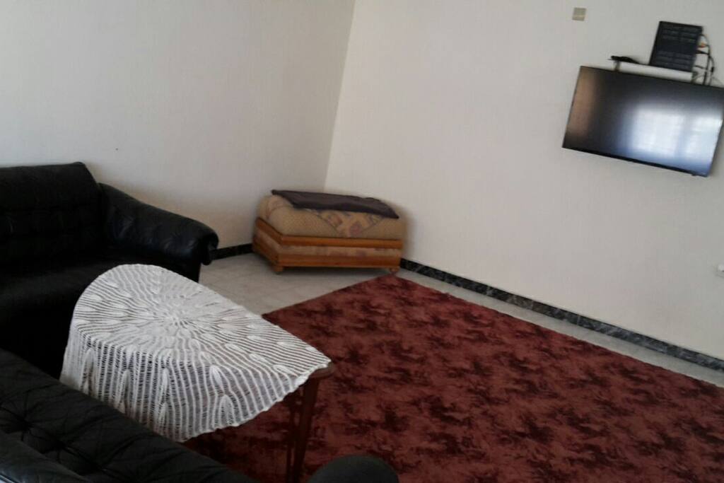 Livingroom with tv and a lots of channels